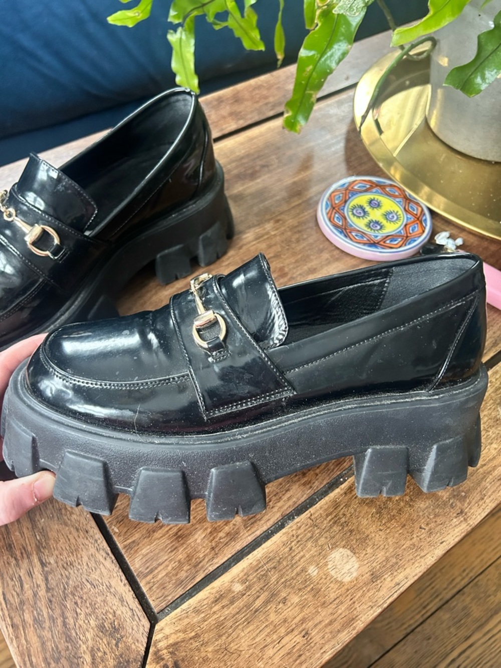 PrettyLittleThing Black Patent Lug Sole Loafers with Gold Metal - Picture 2 of 4